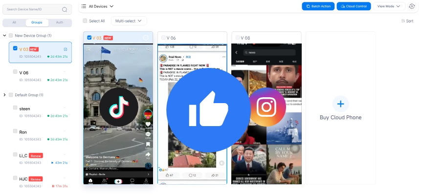 VMOS Cloud homepage visual with device plans, social media, and free trial callouts